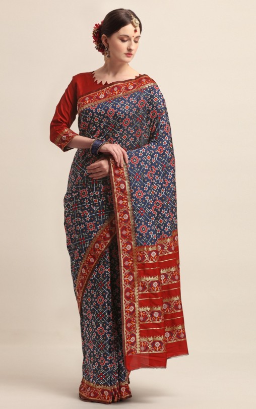 KAPAAHA Woven Navratan Patola Saree (Navy)